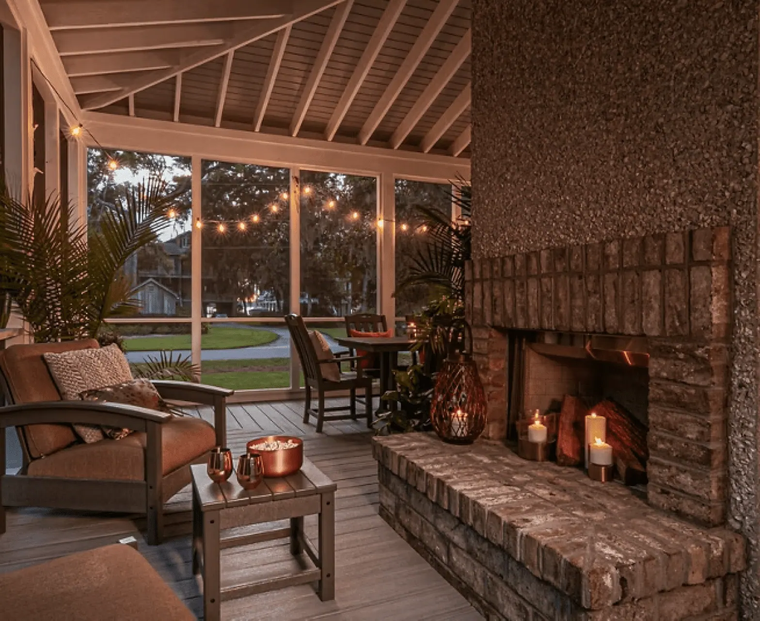 Enclosed deck with a cozy fireplace for enjoyment